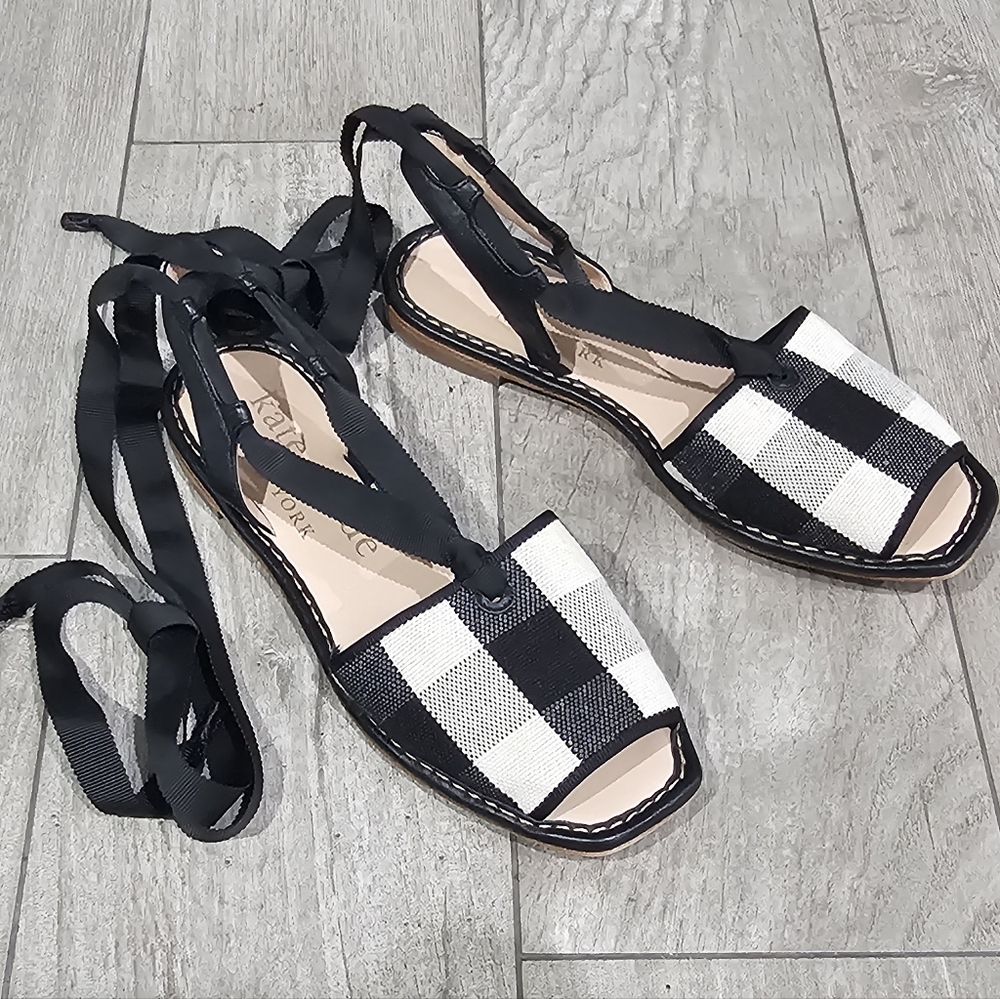 KATE SPADE Maggie Square Toe Checkered Black White Canvas Ankle Wrap Sandals 6.5